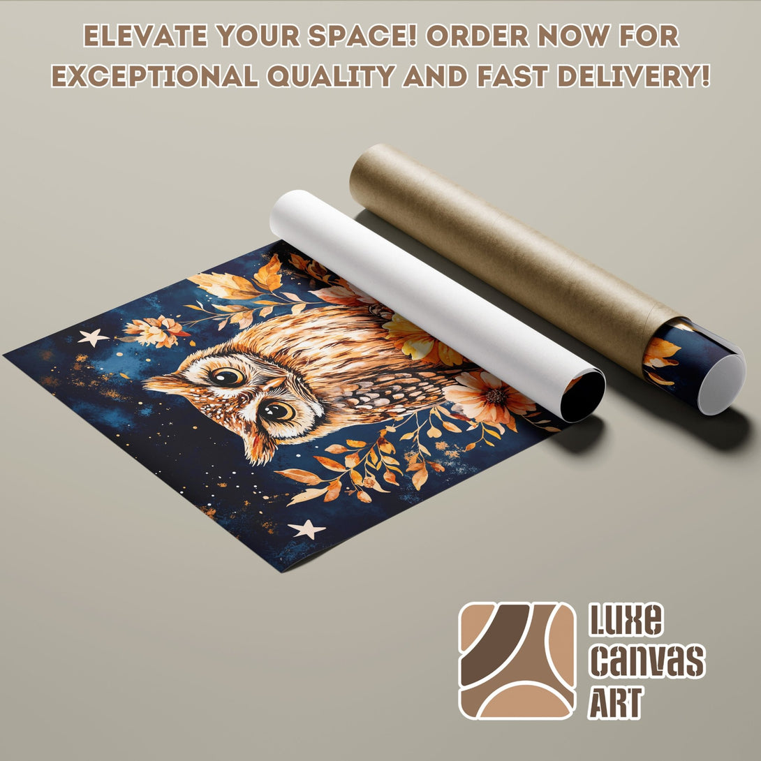 Owl art poster roll in watercolor style, featuring a blue, brown, and gold color palette. Elevate your space with this stunning Poster!