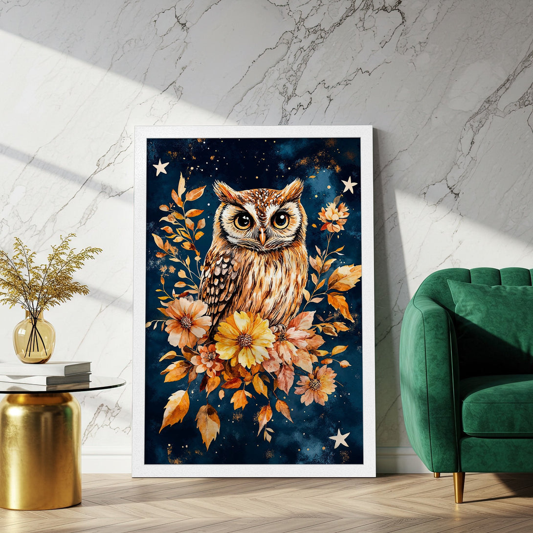 Framed Poster featuring a watercolor owl with floral accents. Earthy tones on a dark blue background. Add this beautiful poster to your decor!