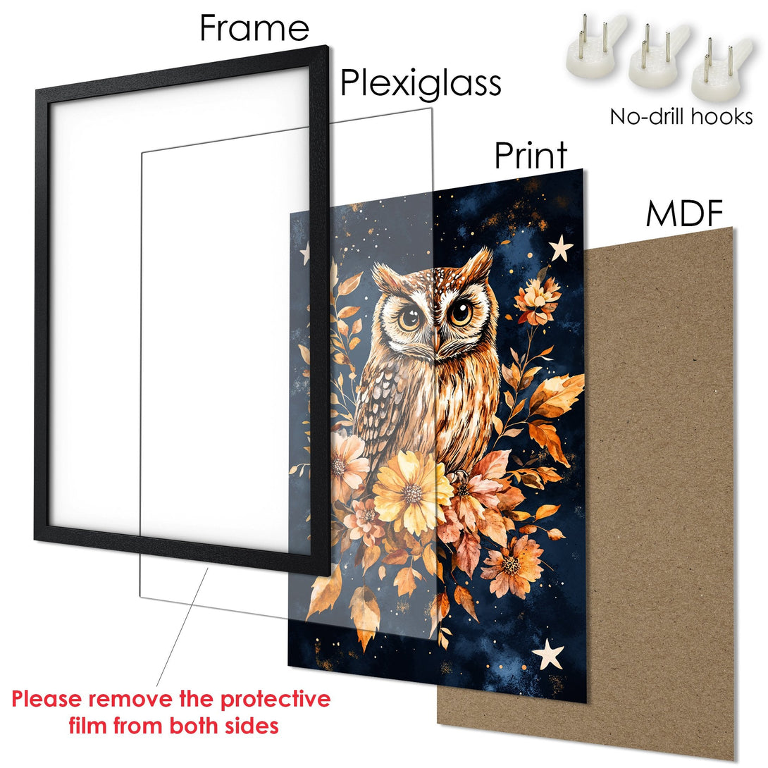 Framed Poster featuring an owl illustration in watercolor style with a navy and gold color palette. Perfect wall art!