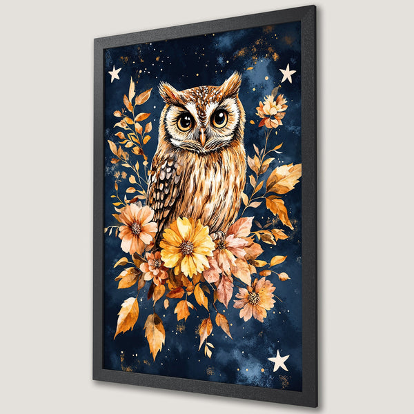 Framed Poster featuring a watercolor owl with floral accents. Dark blue background with warm gold and orange color palette. Perfect wall art.