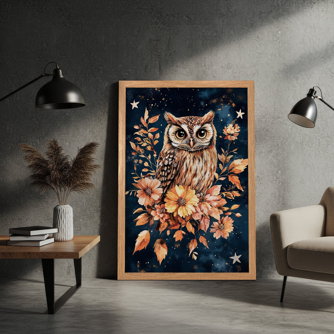 Framed Poster featuring a watercolor owl illustration with floral accents in a warm, earthy color palette. Perfect wall art!