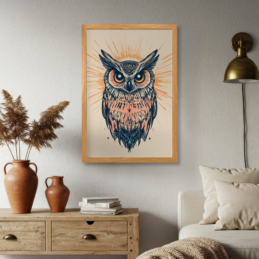 Framed Poster featuring an owl illustration in a boho style with a warm, earthy color palette. Perfect wall art for your home!