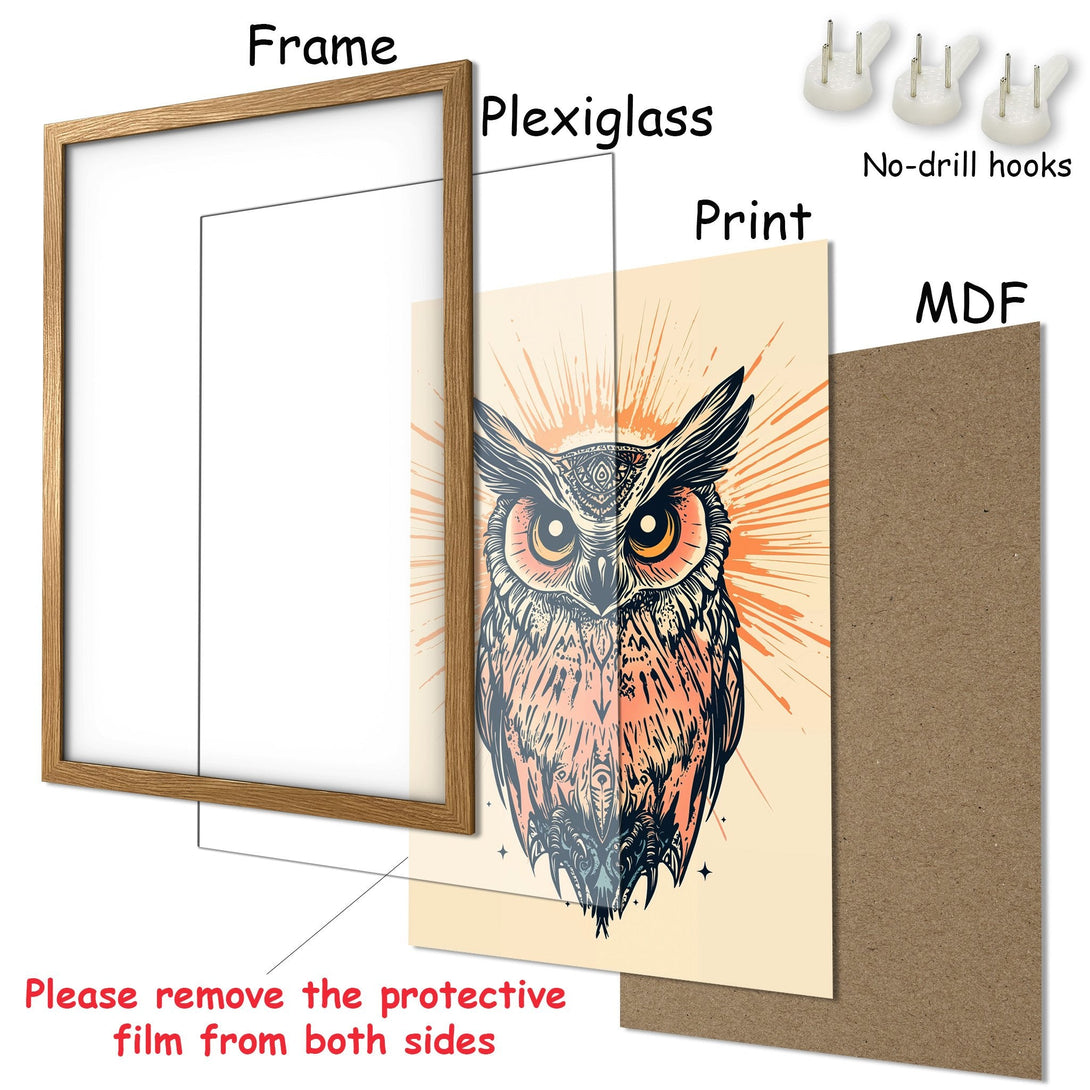 Framed Poster featuring an owl illustration in a vintage style, with a warm orange and beige color palette. Ready to hang!