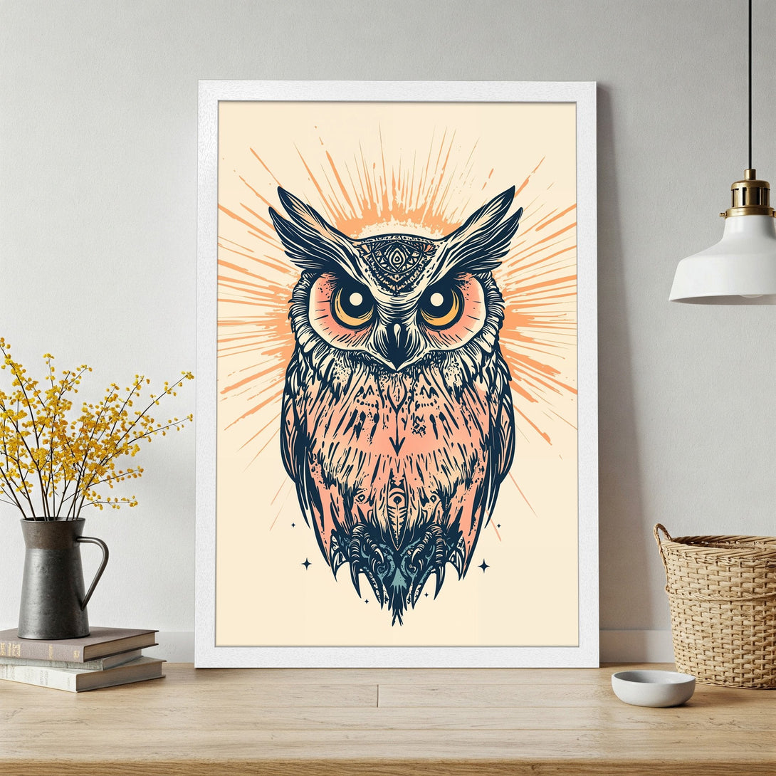 Framed Poster featuring an owl illustration in a boho style. The color palette includes peach, navy, and cream tones. Perfect wall art!