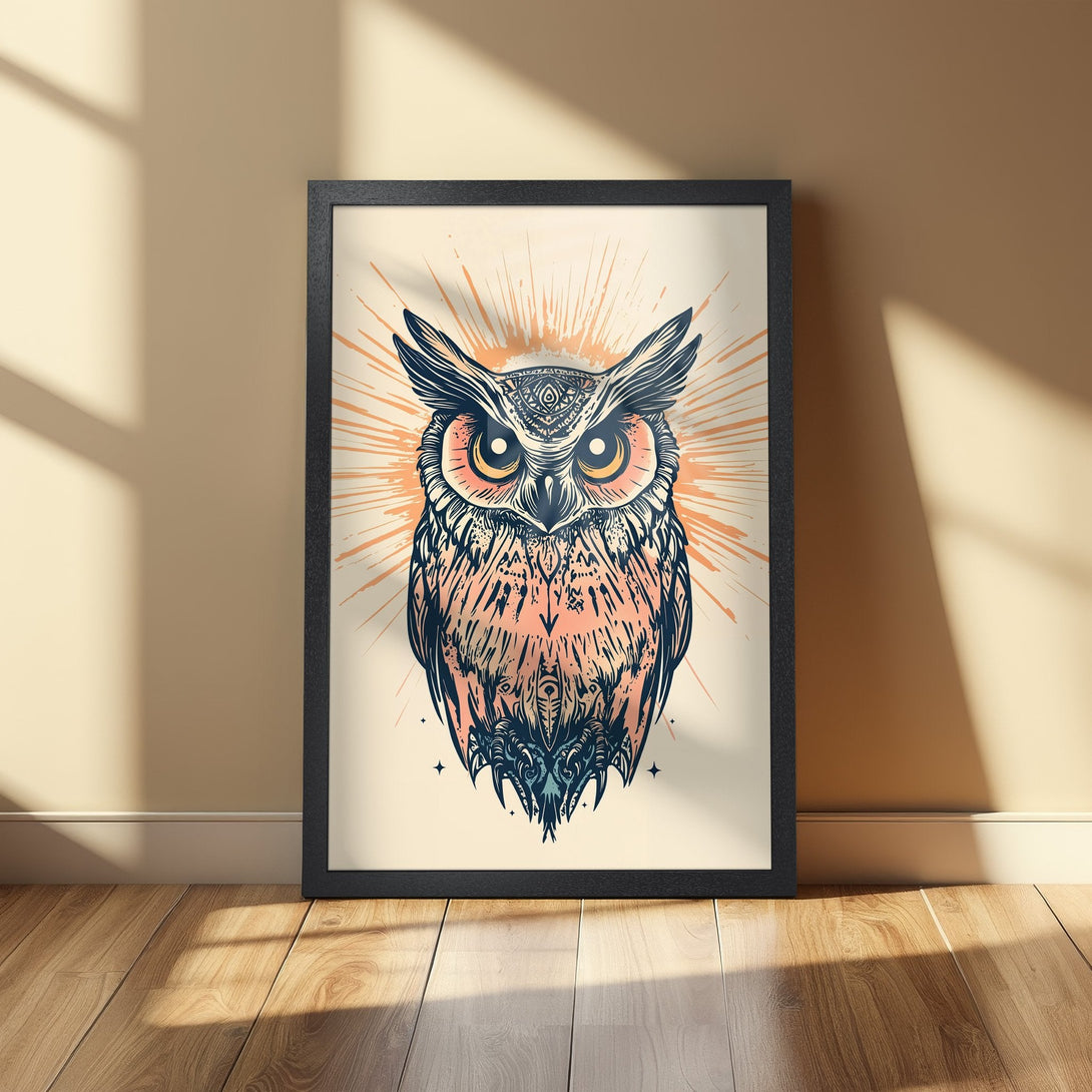 Framed Poster featuring a detailed owl illustration in a vintage style, with a warm peach and navy blue color palette. Perfect wall art!
