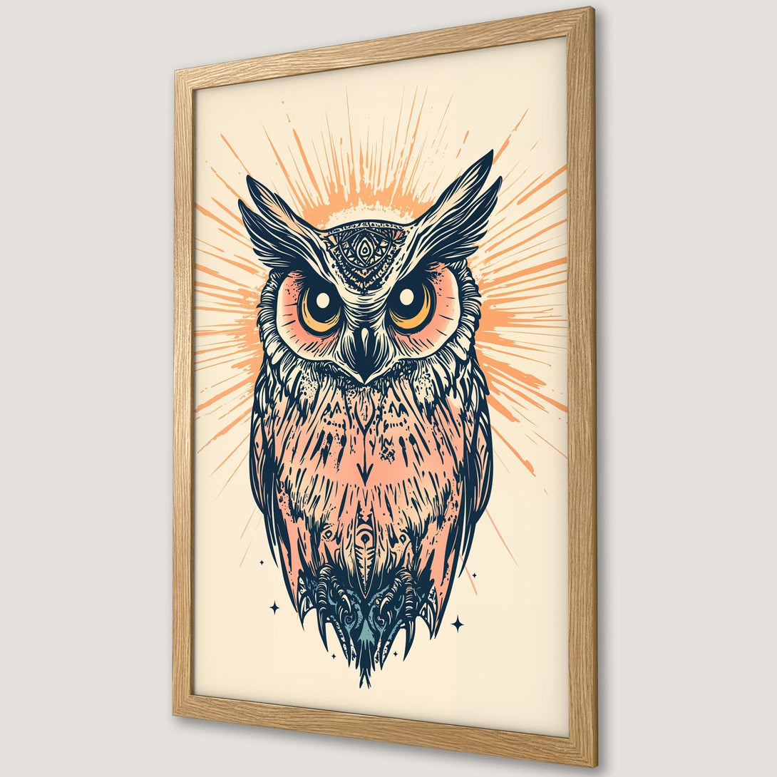 Framed Poster featuring an owl illustration in a vintage style with a warm color palette of peach, navy, and cream.