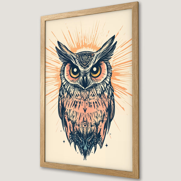 Framed Poster featuring an owl illustration in a vintage style with a warm color palette of peach, navy, and cream.