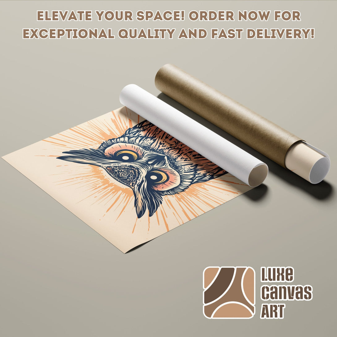 Owl art poster roll in neutral tones. Elevate your space with this stylish poster! Order now for fast delivery.