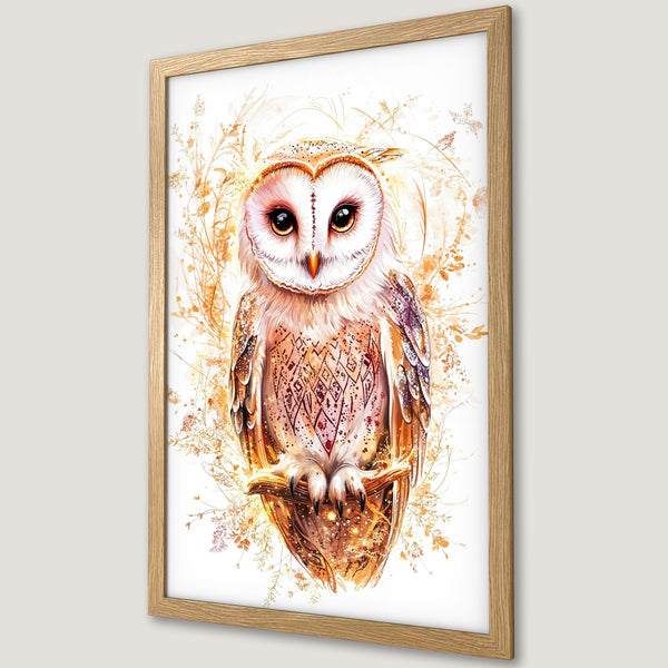 Framed Poster featuring a watercolor owl in warm orange tones. Perfect wall art for your home!