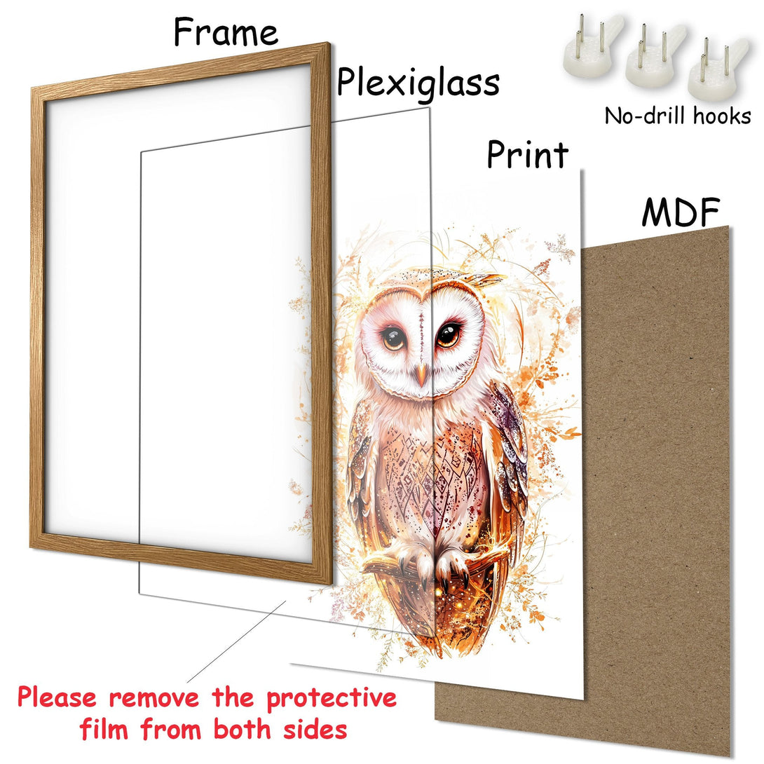 Framed Poster featuring a beautiful owl illustration in warm, earthy tones. Perfect wall art for your home!