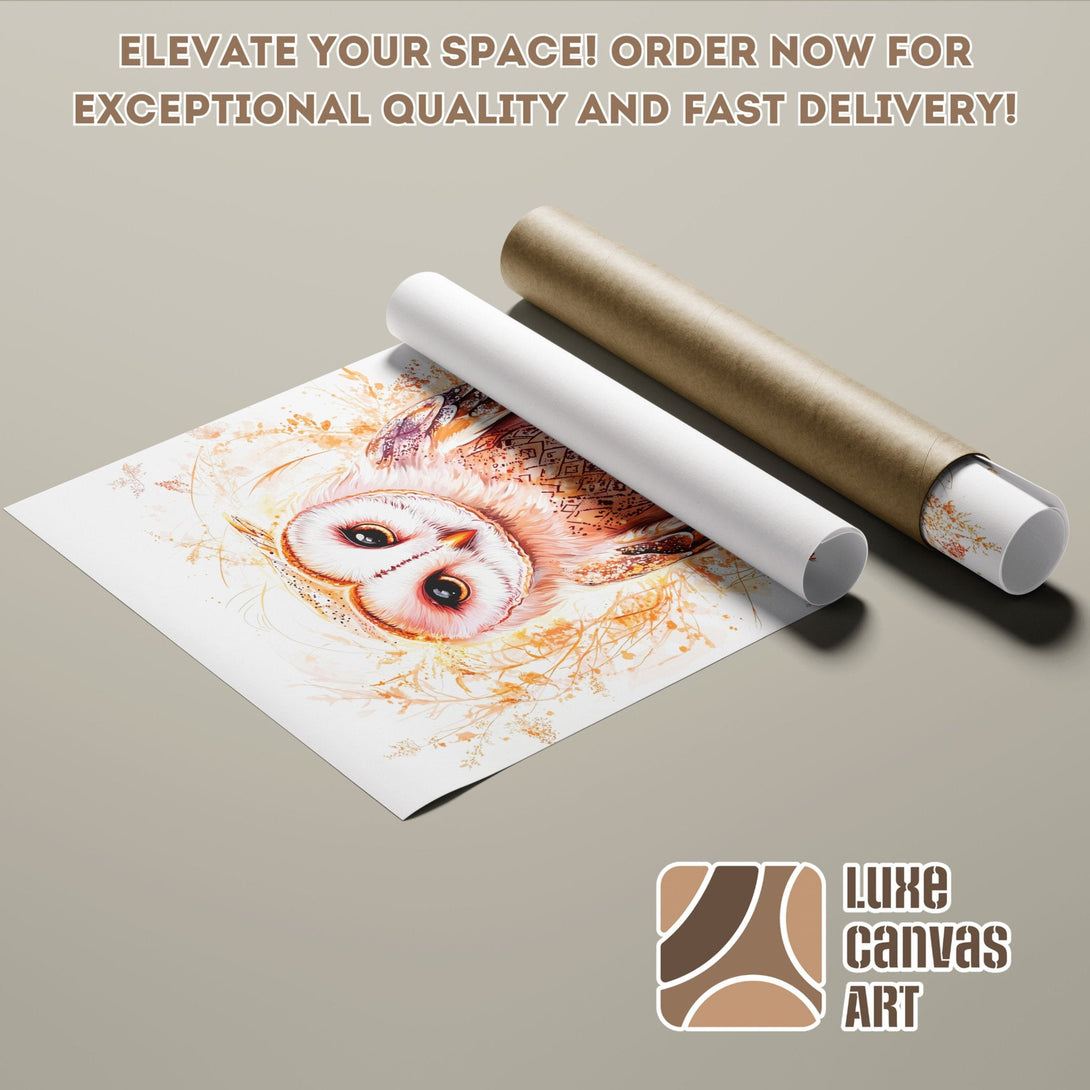 Owl art poster roll, watercolor style, warm earthy tones. Elevate your space with this stunning poster! Order now!