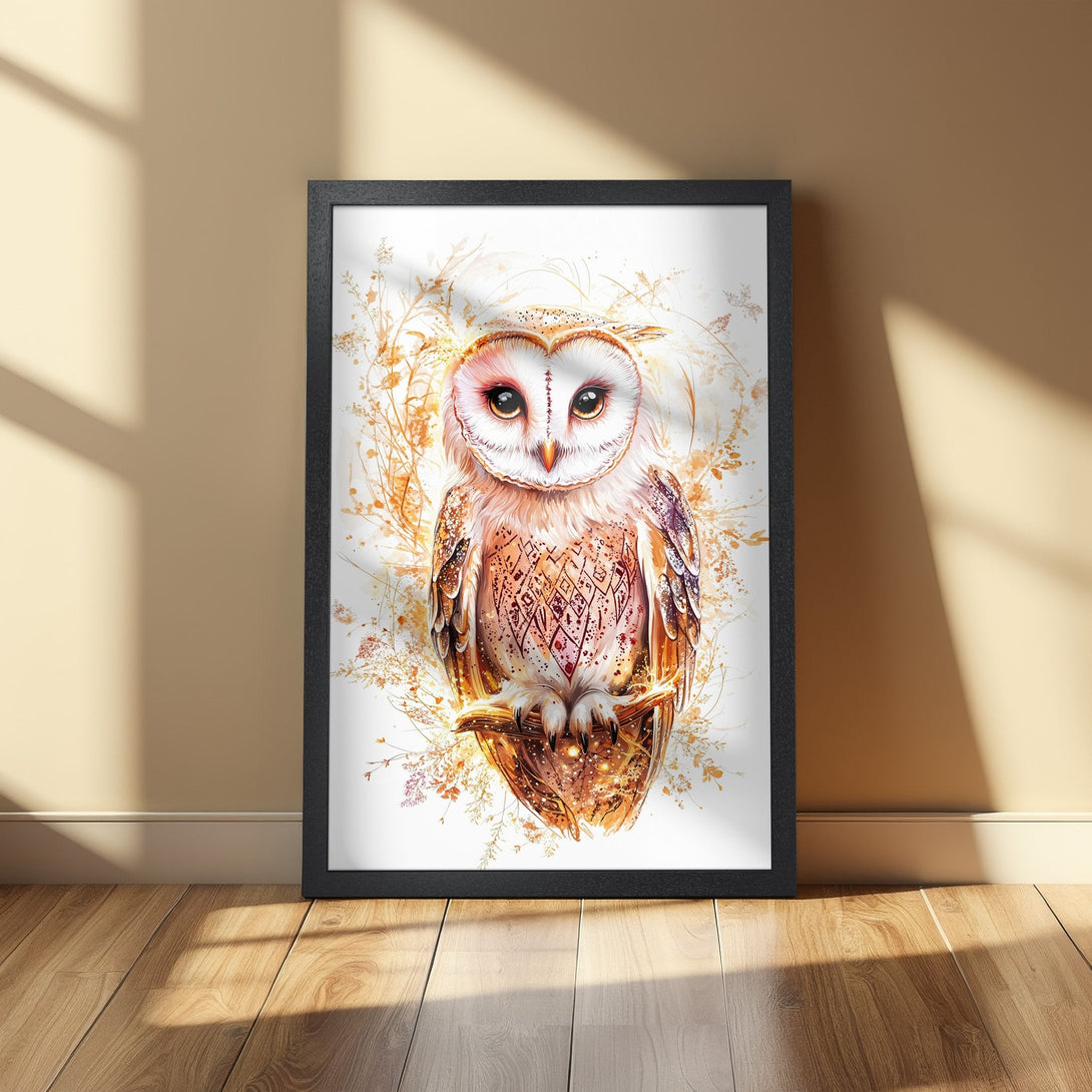 Framed Poster featuring a watercolor owl in warm orange tones. Perfect wall art for a cozy home.