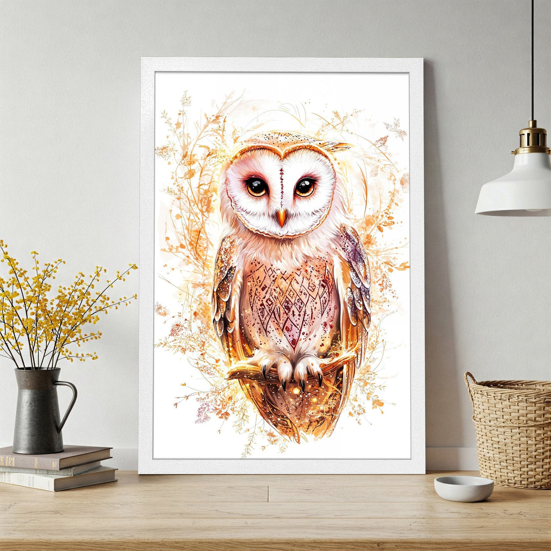 Framed Poster featuring a watercolor owl art print in warm orange and white tones. Perfect for home decor!