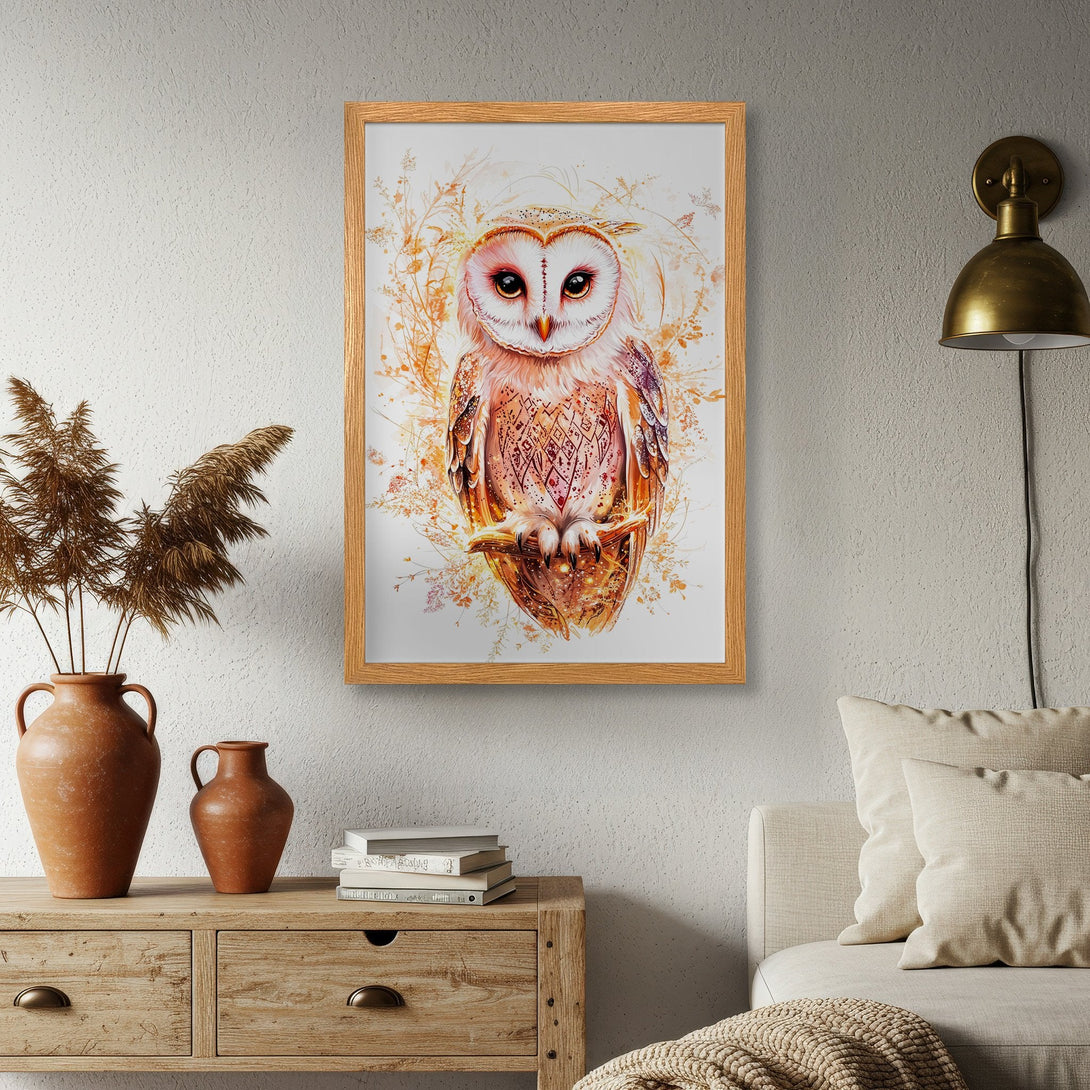Framed Poster featuring a watercolor owl illustration in warm, earthy tones. Perfect wall art for a cozy home!