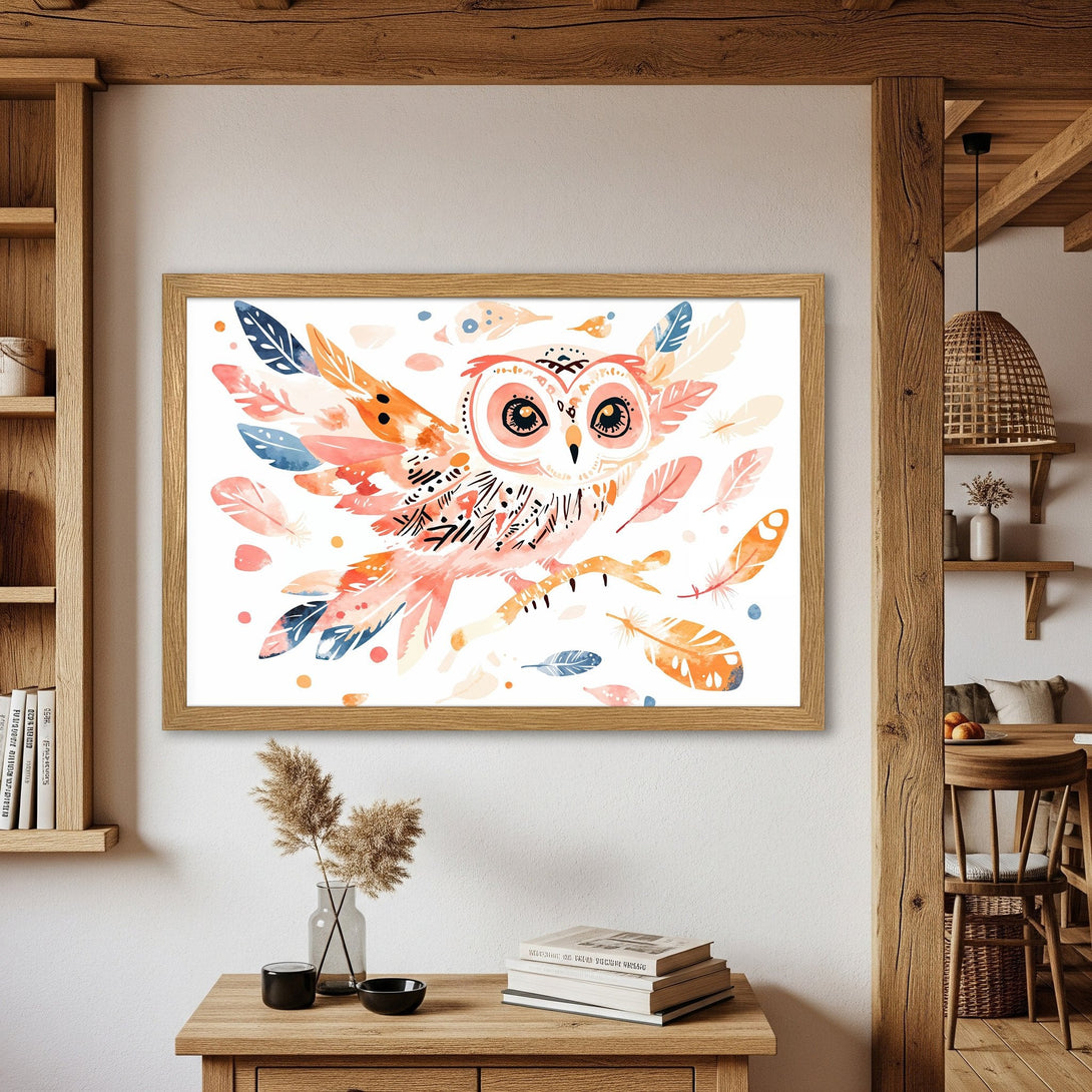 Framed Poster featuring a whimsical owl illustration with feathers, in a watercolor style with a warm, pastel color palette. Perfect wall art!