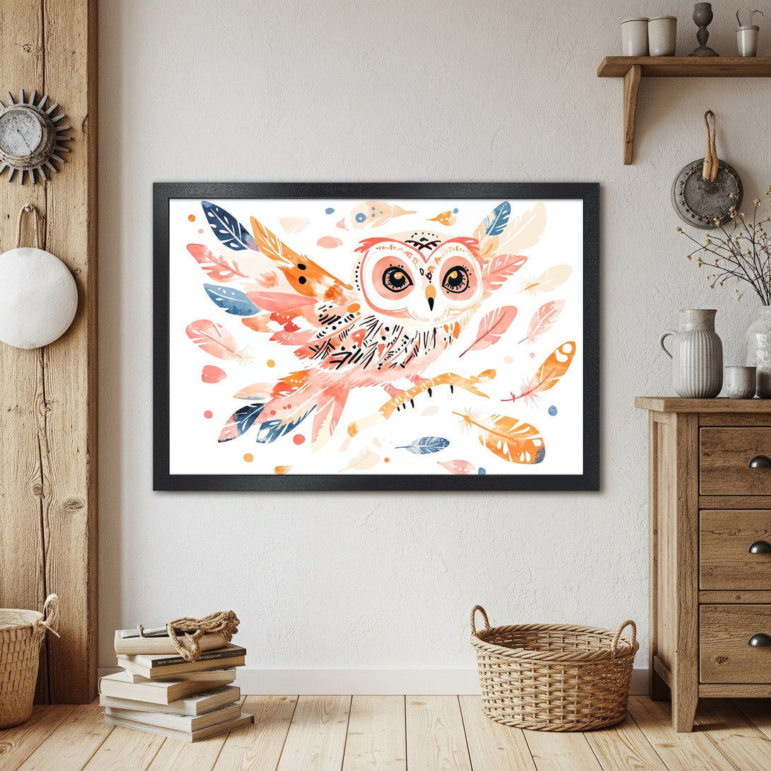 Framed Poster featuring a watercolor owl with feathers, in a boho style. Soft, warm color palette. Perfect wall art!