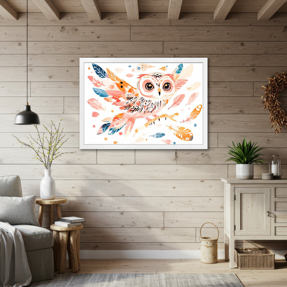 Framed Poster featuring a watercolor owl with feathers in a warm, pastel color palette, perfect for nursery decor.