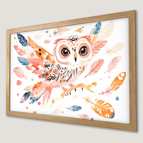Framed Poster featuring a watercolor owl with feathers. Boho style art in coral, orange, and blue. Perfect wall decor!