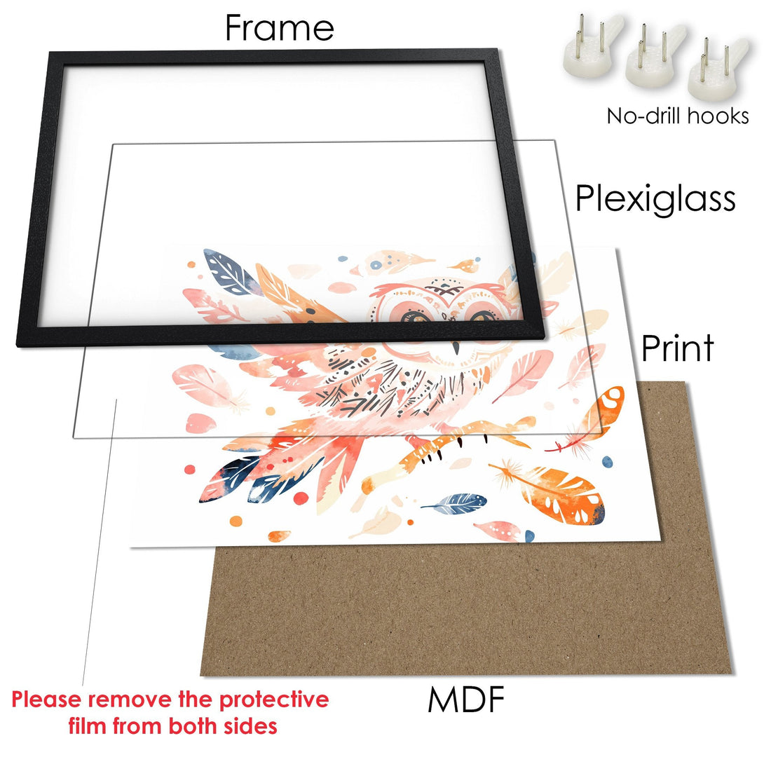 Framed Poster featuring an owl with watercolor feathers. Soft, pastel color palette. Perfect wall art!