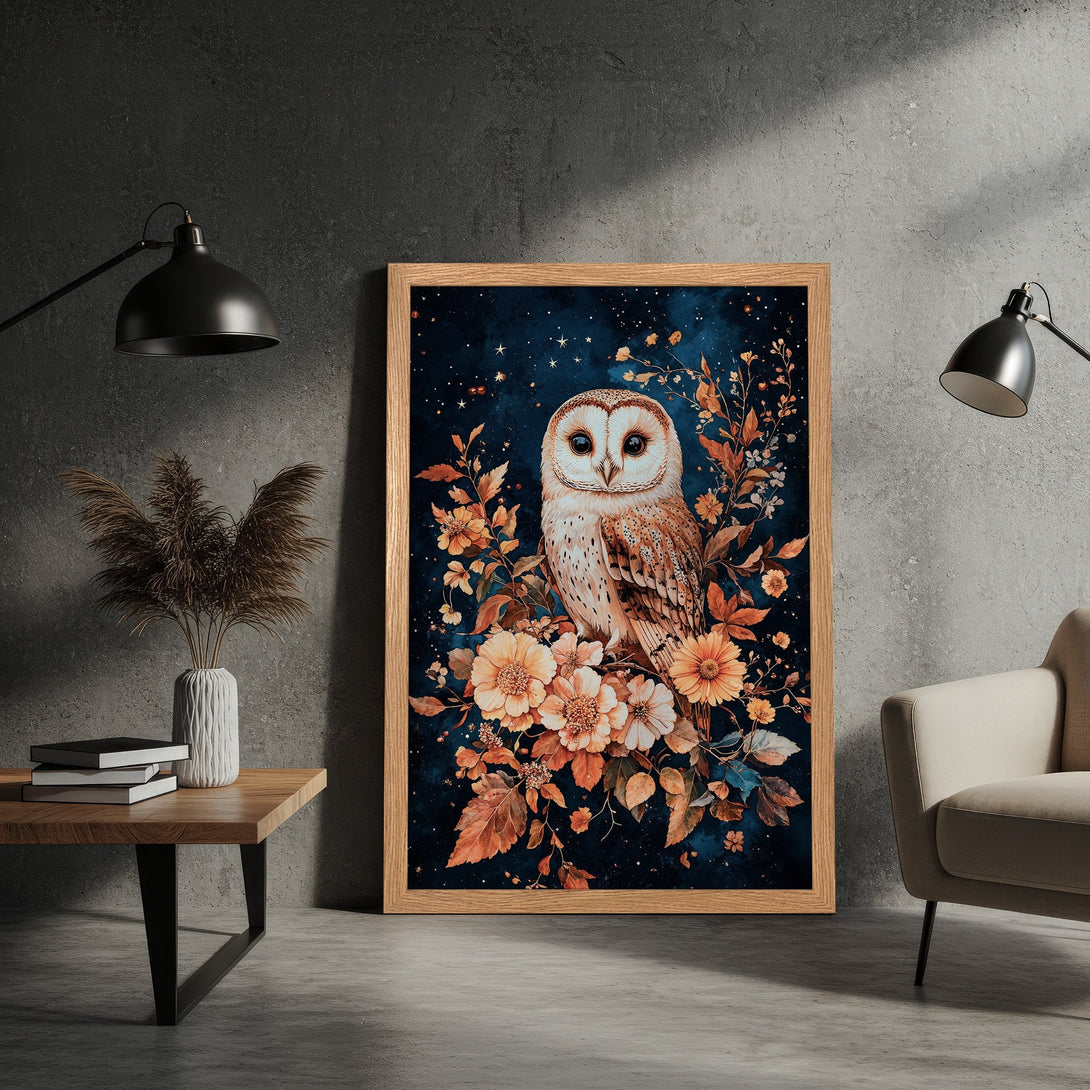 Framed Poster featuring a majestic owl in a watercolor style, with a rich blue and warm orange color palette. Perfect wall art!