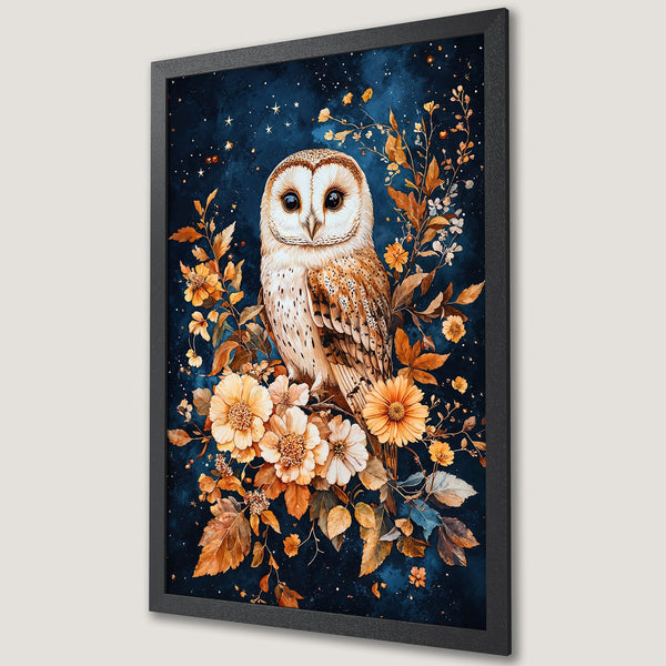 Framed Poster featuring a watercolor owl with floral accents, a deep blue background, and warm, earthy tones.