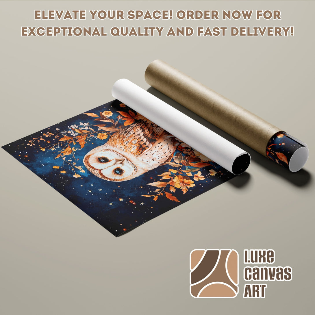 Owl Poster Roll art print, featuring a blue and orange color palette, perfect for home decor. Order now!
