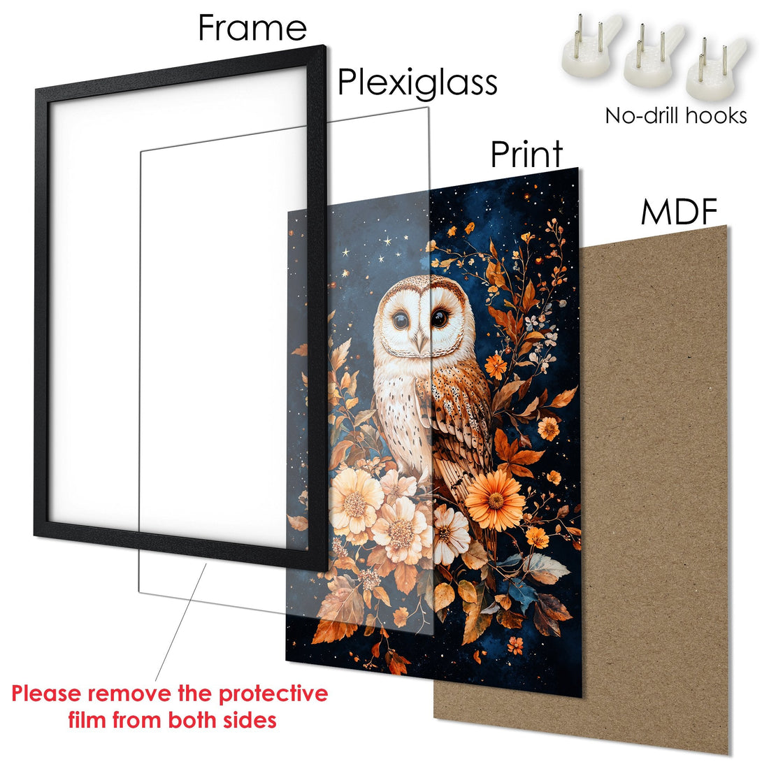 Framed Poster featuring an owl and floral art, with a dark blue and earthy color palette. Perfect wall decor!