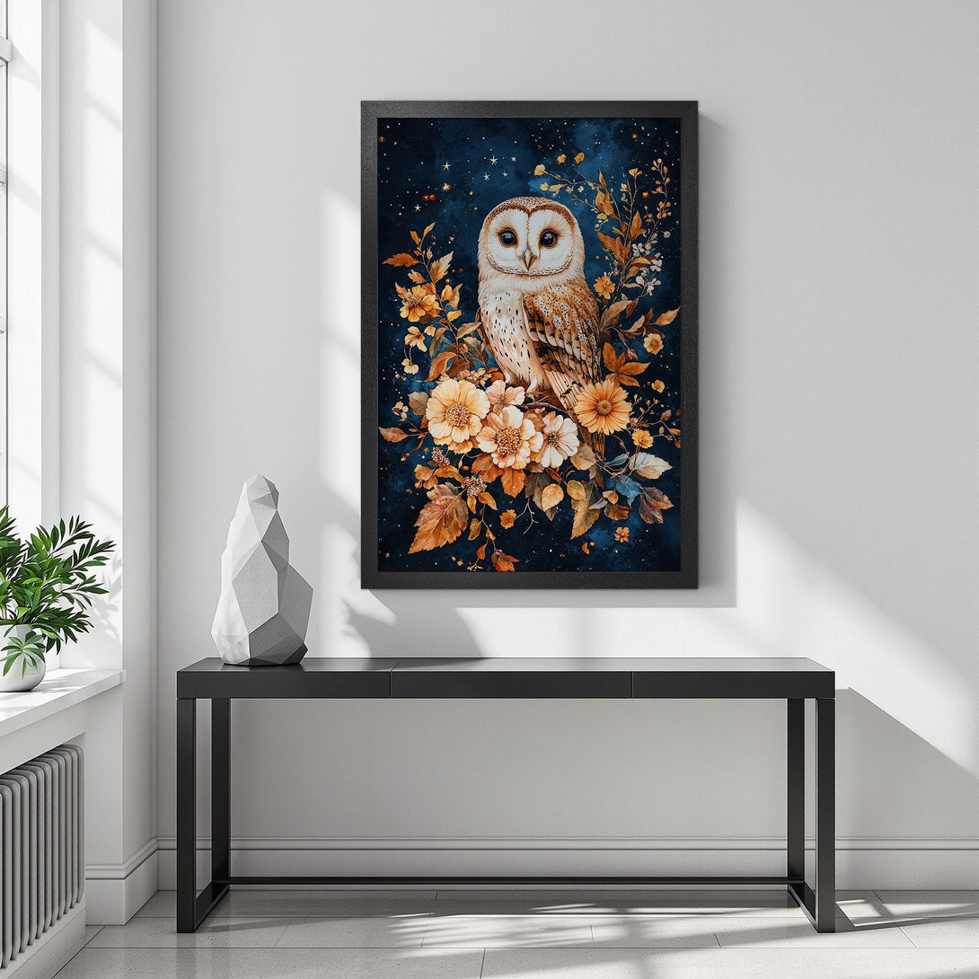 Framed Poster featuring an owl in watercolor style, with a blue and gold color palette, perfect for home decor.