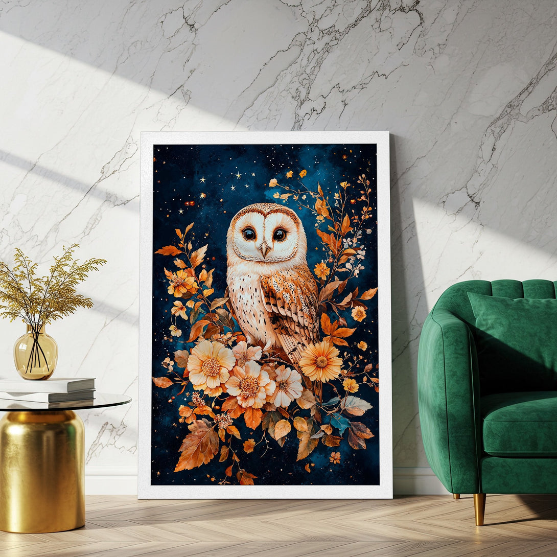 Framed Poster featuring a majestic owl in a floral, watercolor style. Rich blue, orange, and gold color palette. Perfect wall art!