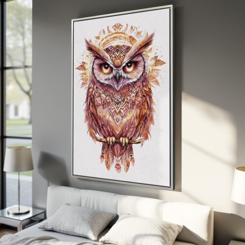 Framed Wall Art: Watercolor owl print in warm earth tones. Boho style canvas art perfect for bedroom decor.