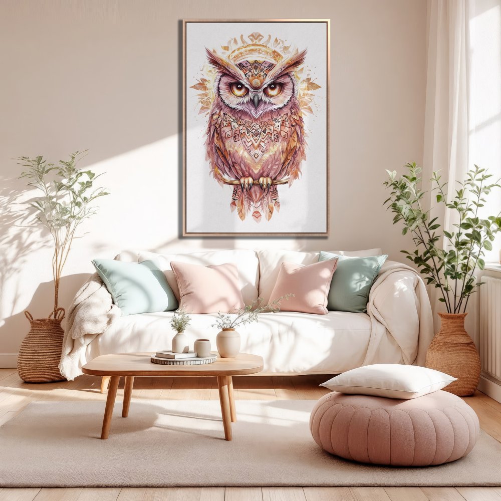 Framed Wall Art: Watercolor owl print in warm, earthy tones. Perfect for bohemian decor! Add a touch of nature to your space with this canvas print.
