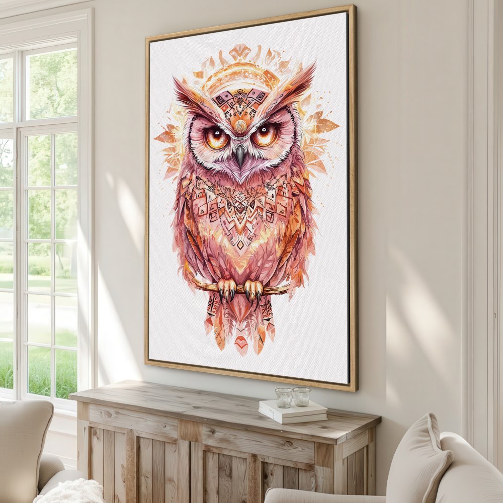 Framed Wall Art: Watercolor owl print in warm pink and orange tones. Boho style canvas print for living room decor.