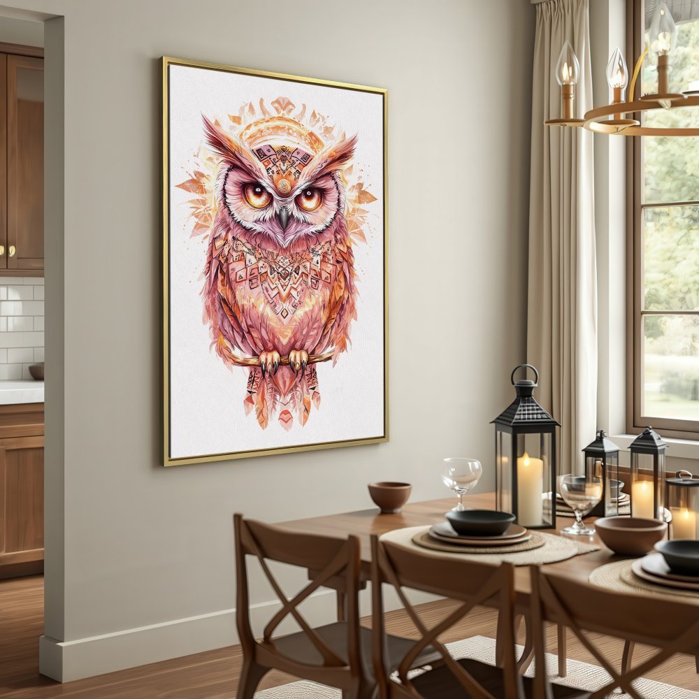 Canvas Print featuring a majestic owl in boho style. Warm, earthy tones of brown, orange, and gold. Perfect wall art for any space.