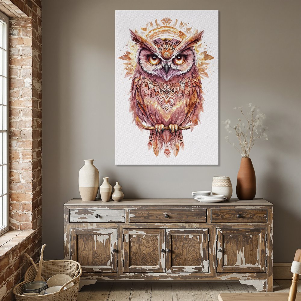 Framed Wall Art: Watercolor owl print in warm orange and pink tones. Perfect for boho decor and adding a touch of nature to your dining room.