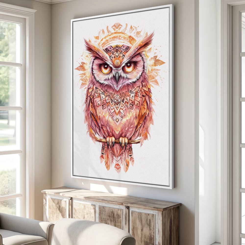 Canvas Print of a vibrant, watercolor owl in warm orange and pink tones, perfect for boho decor. Framed Wall Art.