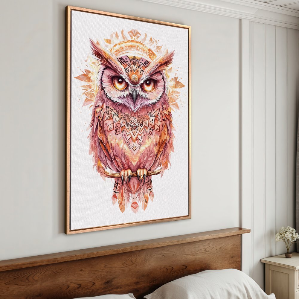 Framed Wall Art: Watercolor owl print in warm pink and orange tones. Boho style canvas print adds unique art to your home decor.