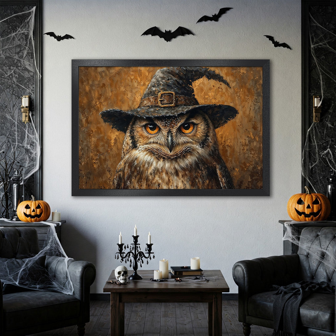 Framed Poster of a spooky owl wearing a witch hat, oil painting style, warm brown and orange tones, perfect Halloween decor.