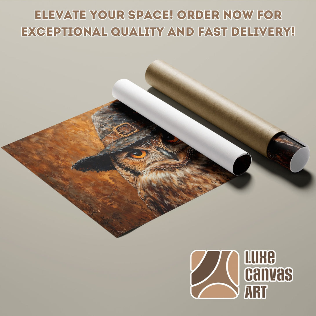Owl art poster roll in warm brown tones. Elevate your space! Order your poster today.