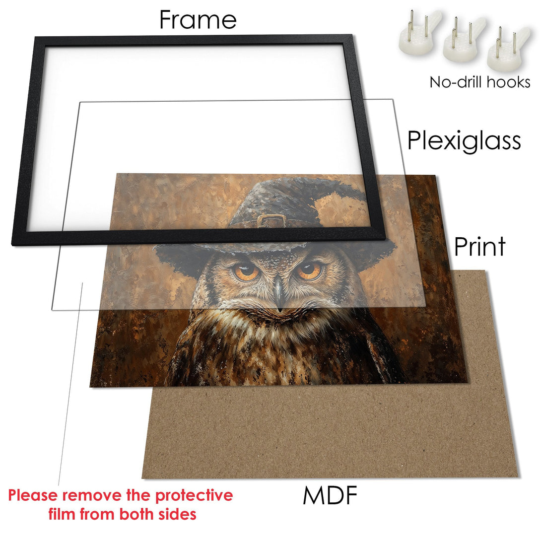 Framed Poster featuring an owl in a witch hat, warm brown tones. Perfect wall art for your home!