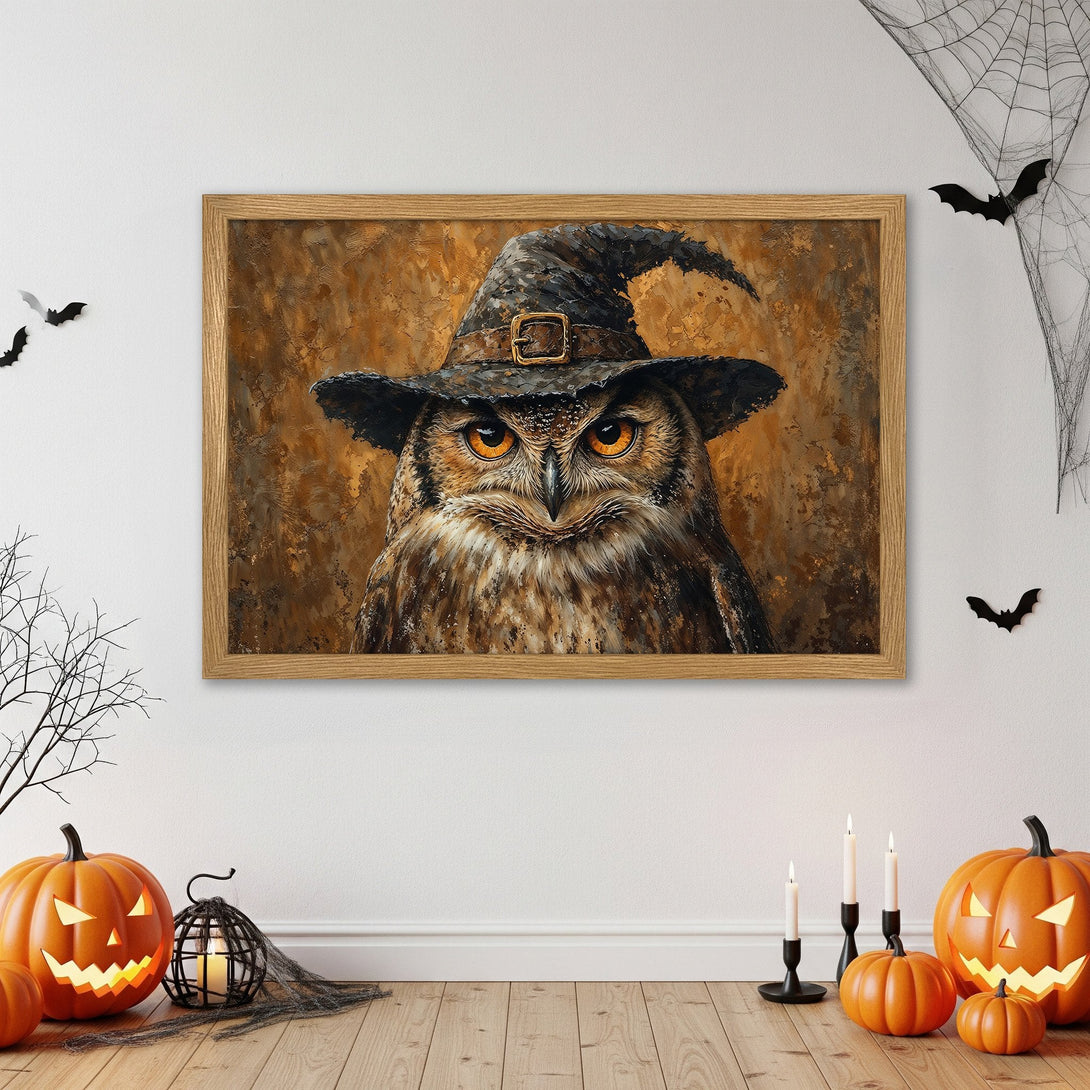 Framed Poster of an owl wearing a witch hat, in a warm, autumnal color palette. Perfect Halloween decor!