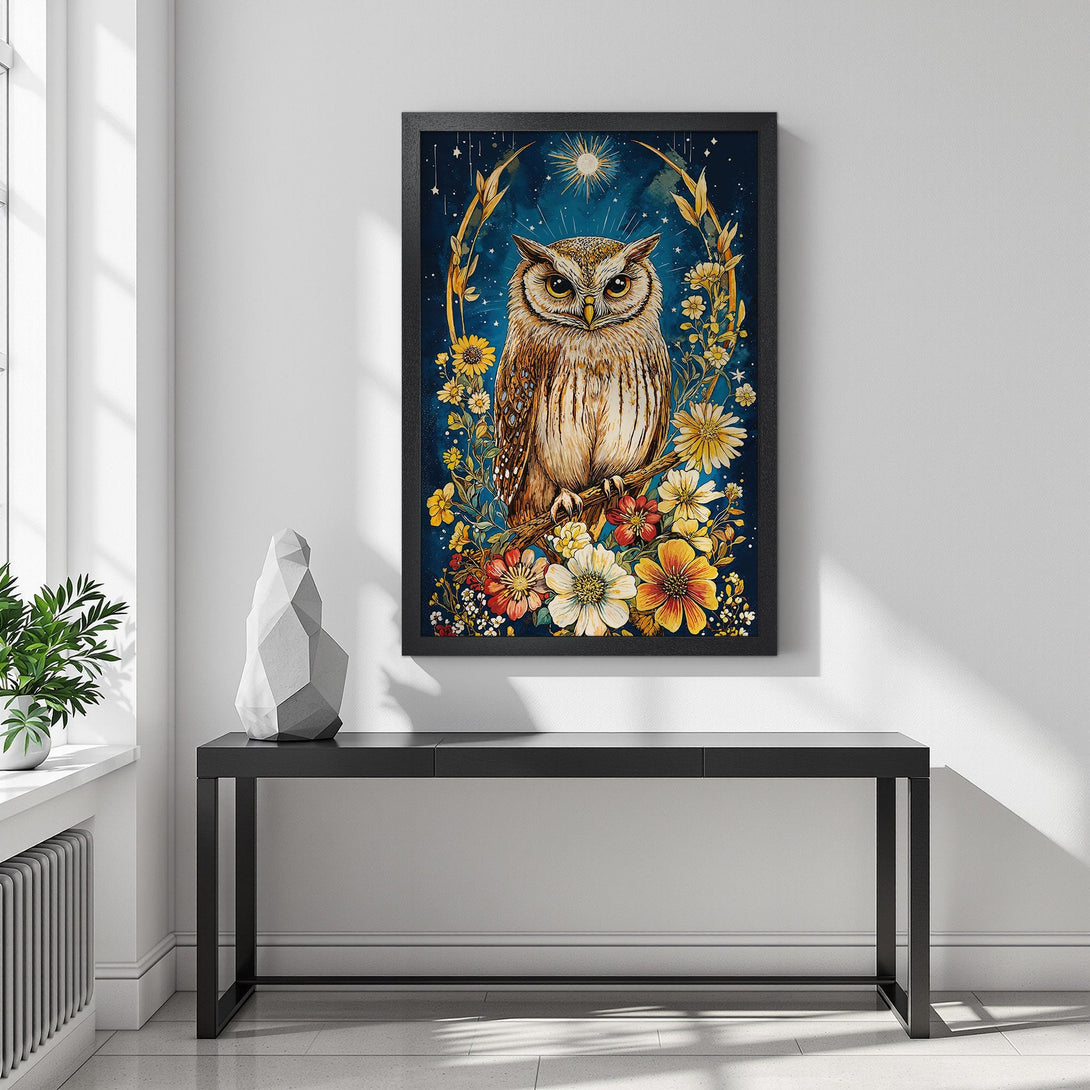 Framed Poster featuring an owl illustration in a watercolor style. Rich blue, brown, and floral color palette, perfect for home decor.
