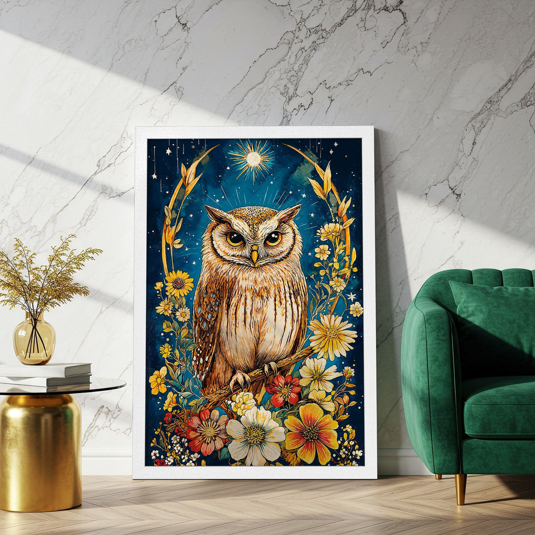 Framed Poster featuring a majestic owl in a floral, watercolor style. Rich blues, golds, and warm earth tones create a captivating art piece.