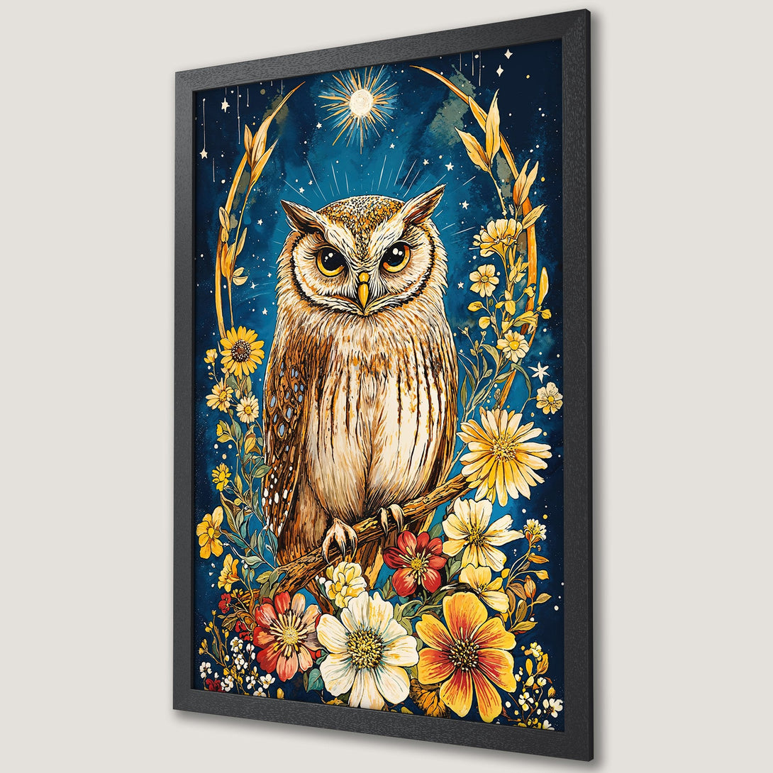 Framed Poster featuring a watercolor owl surrounded by flowers, set against a dark blue night sky. Warm yellow and gold color palette.
