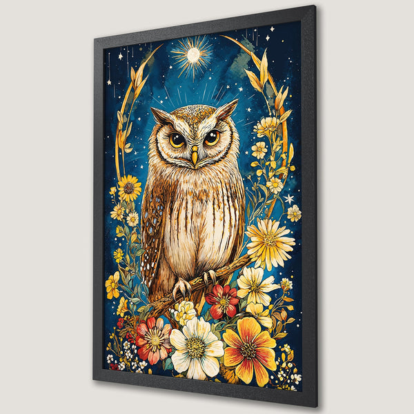 Framed Poster featuring a watercolor owl surrounded by flowers, set against a dark blue night sky. Warm yellow and gold color palette.