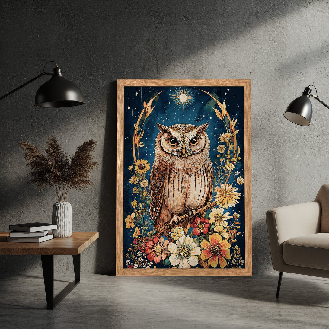 Framed Poster featuring a whimsical owl illustration in a floral setting, with a blue, gold, and warm color palette.