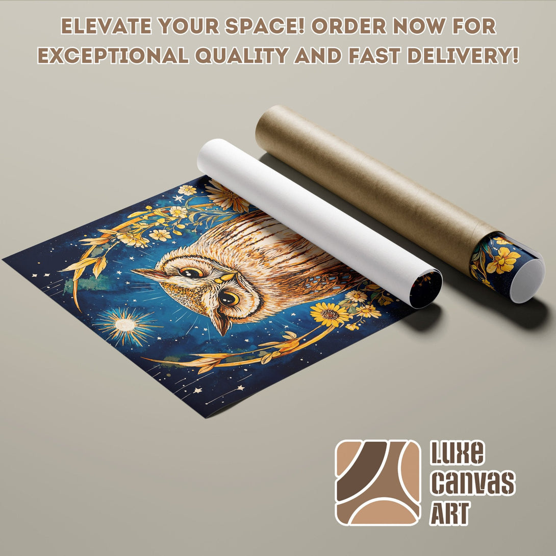 Owl Poster Roll art print, watercolor style, blue and gold color palette. Elevate your space!