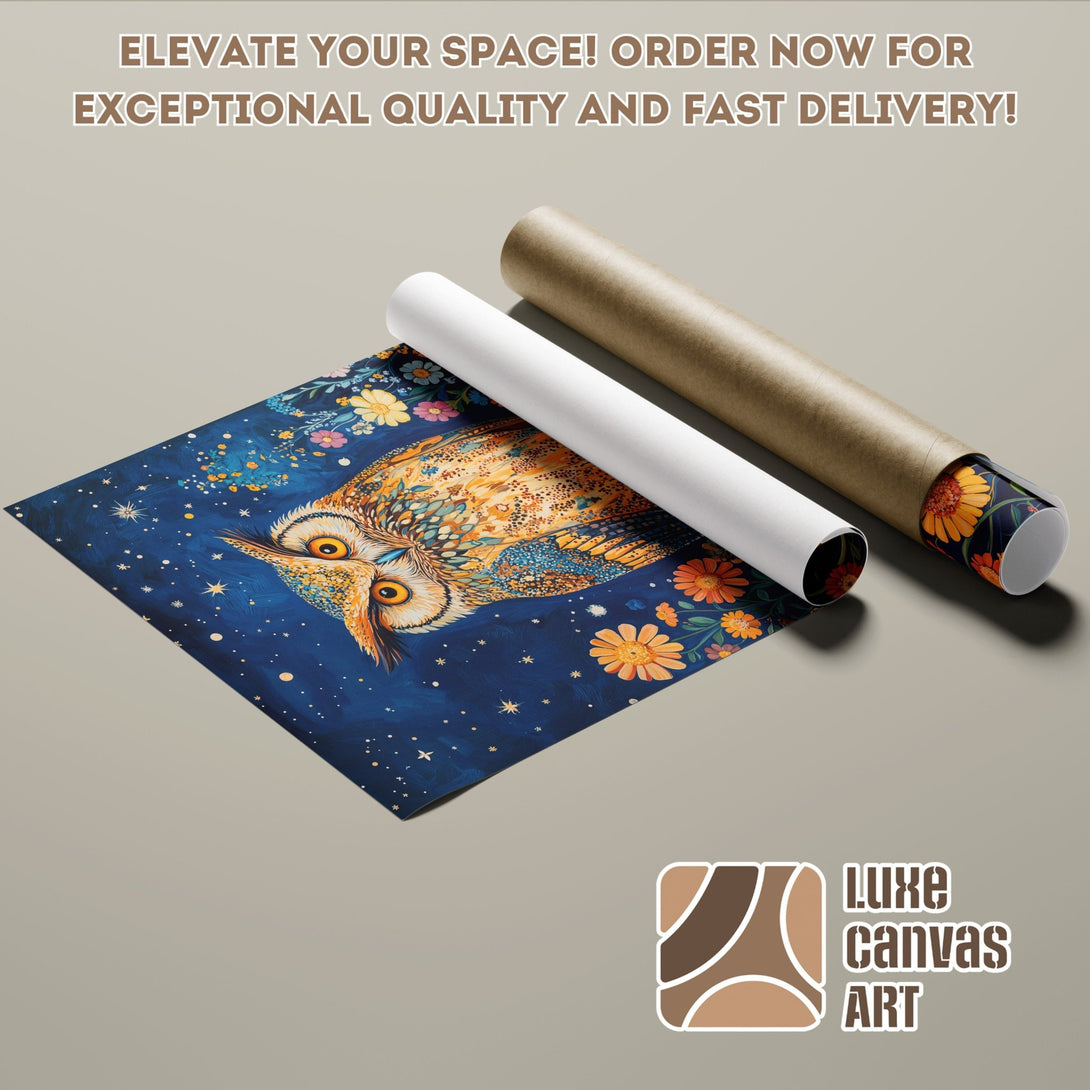 Owl Poster Roll art print in a whimsical style with a blue, orange, and gold color palette. Elevate your space!