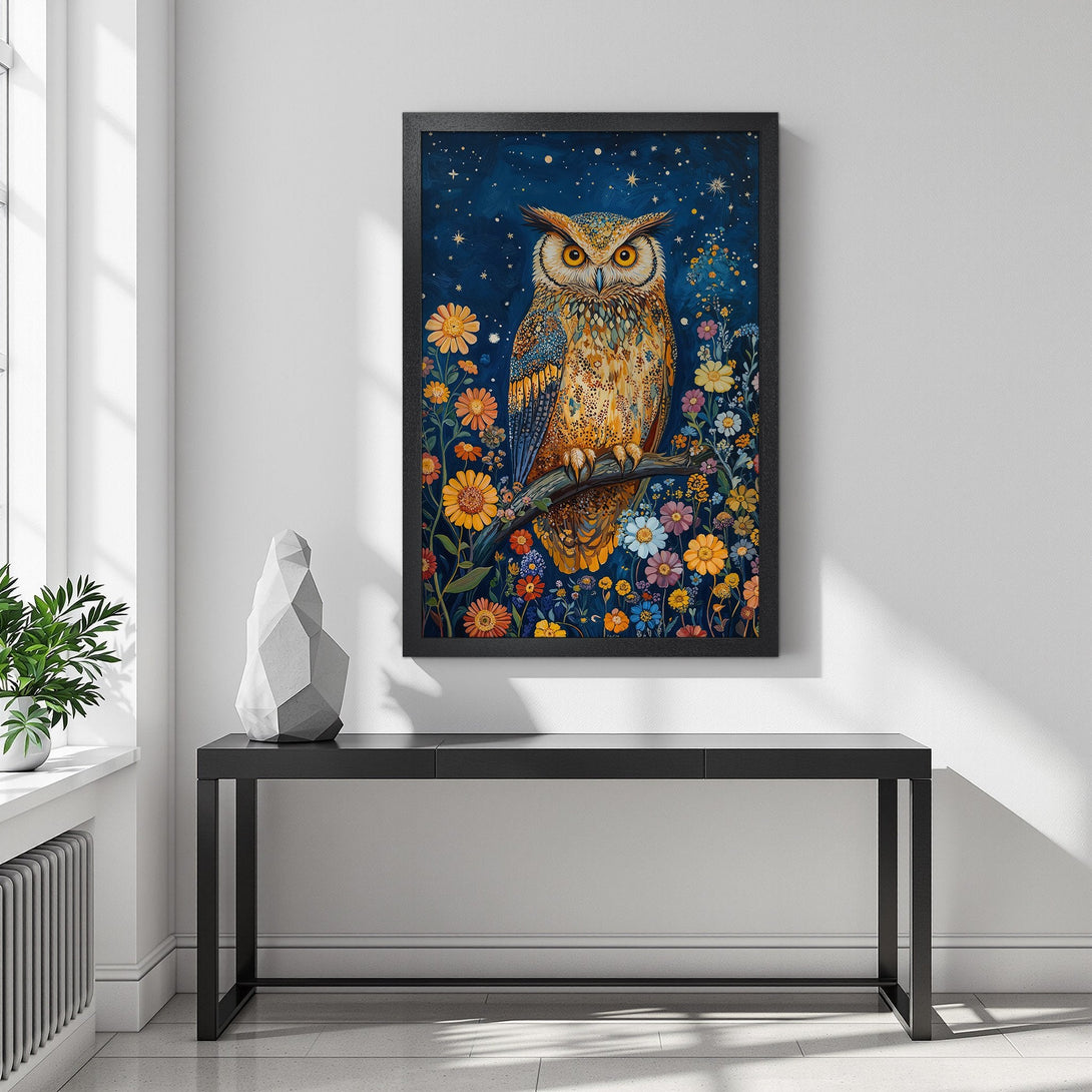 Framed Poster featuring a colorful owl illustration on a dark blue background. Artistic style, warm color palette, perfect for home decor.