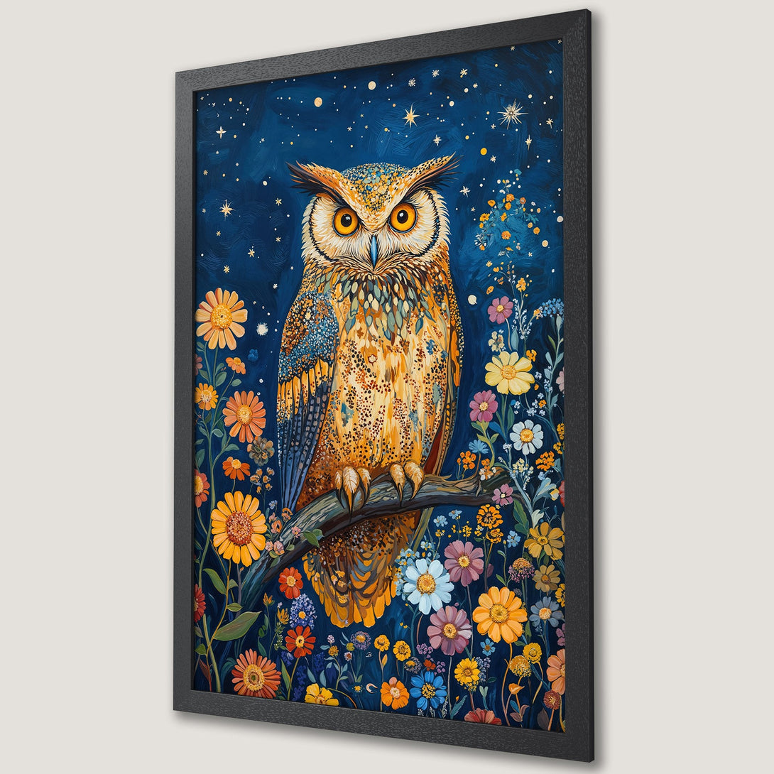 Framed Poster featuring a whimsical owl illustration with a floral and starry night design, using a warm color palette.