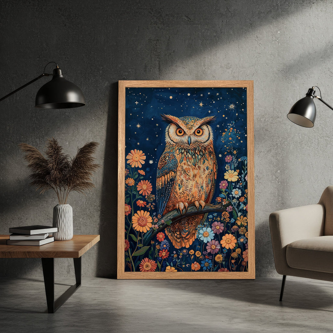 Framed Poster featuring an owl in a whimsical style with a vibrant floral and starry night color palette. Perfect wall art for your home.